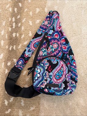 Vera Bradley Black Floral Pink/Blue/Purple Petal Paisley Quilted Sling Bag Purse